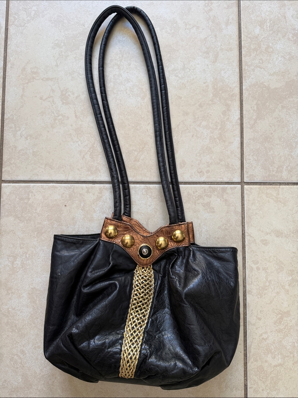 New York New York Genuine leather Black Shoulder Bag with Gold Braid